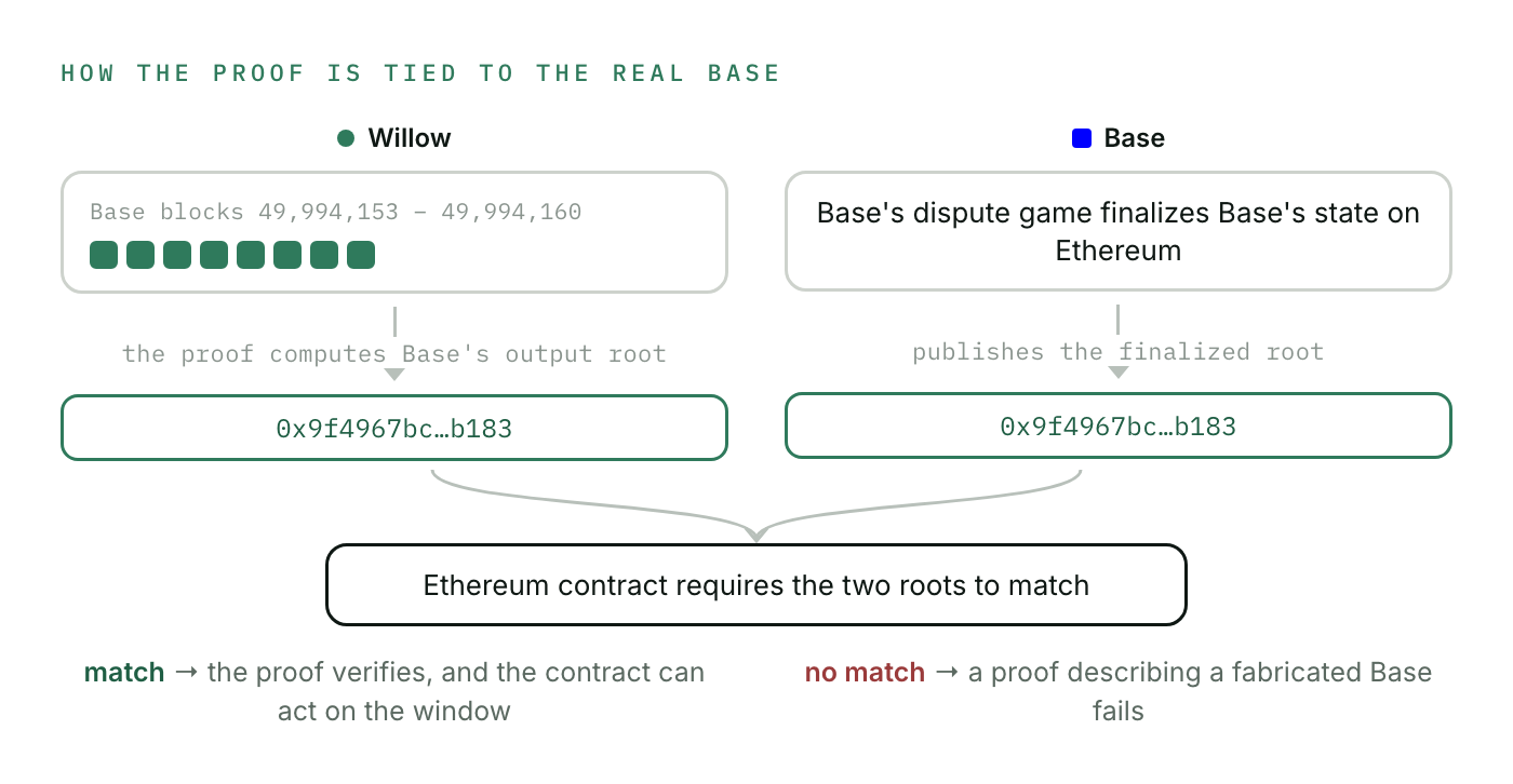 How the proof is tied to the real Base: the output root the proof computes from the window must equal the root Base's dispute game finalized on Ethereum, or the Ethereum contract rejects it